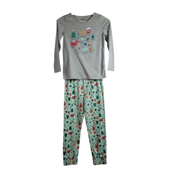 Cat & Jack Girls Christmas PJ Set Green Size 10 Large 2 Pieces Long Sleeve Pants - Picture 1 of 13